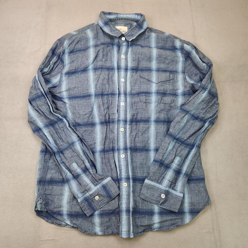 True Grit Linen Cotton Blend Button Up Shirt Men's M Blue Plaid Long Sleeve‎